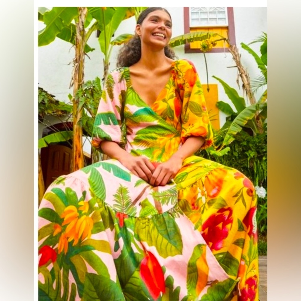 Anthropologie Farm Rio Mixed Palm Prints  Asymmetrical Tropical Wrap Maxi Dress